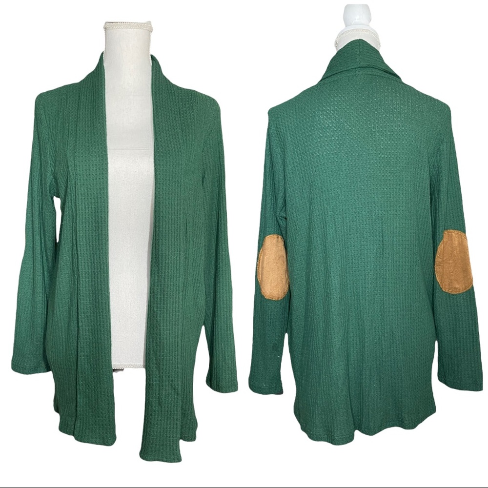 Elbow Patch Cardigan S Waffle Knit Open Longline Sweater Green